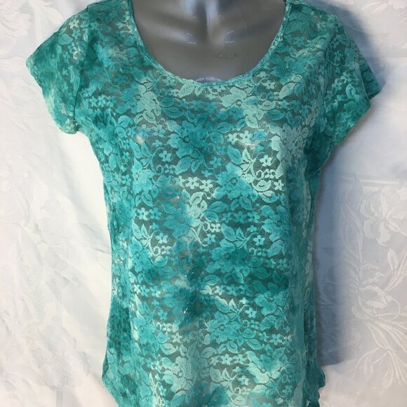 Rue 21 Fashion Lace Blouse Women's Size L Top Stylish Green Aqua Shirt Stretchy - Picture 2 of 14